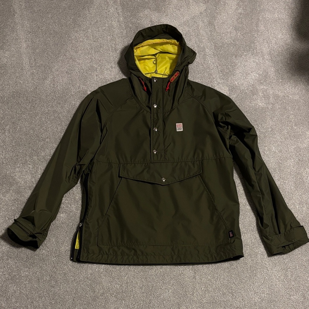 Topo Designs Dark Green Rain Anorak with Yellow Lining
